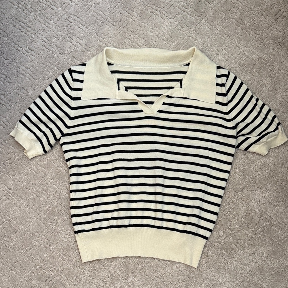 Striped Short Sleeve Collared Sweater